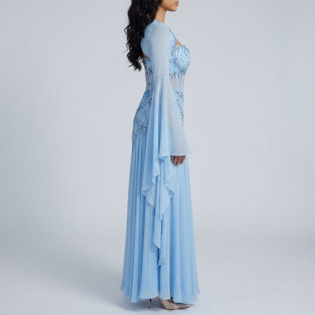 Ice Blue Crystal Bell Sleeve Gown