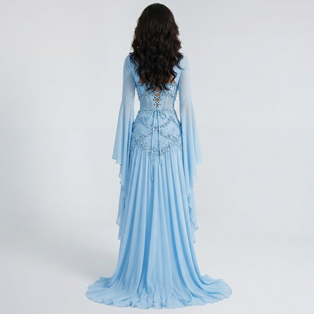 Ice Blue Crystal Bell Sleeve Gown