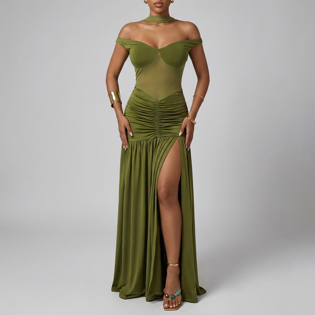 Olive Off-Shoulder Mesh Slit Gown