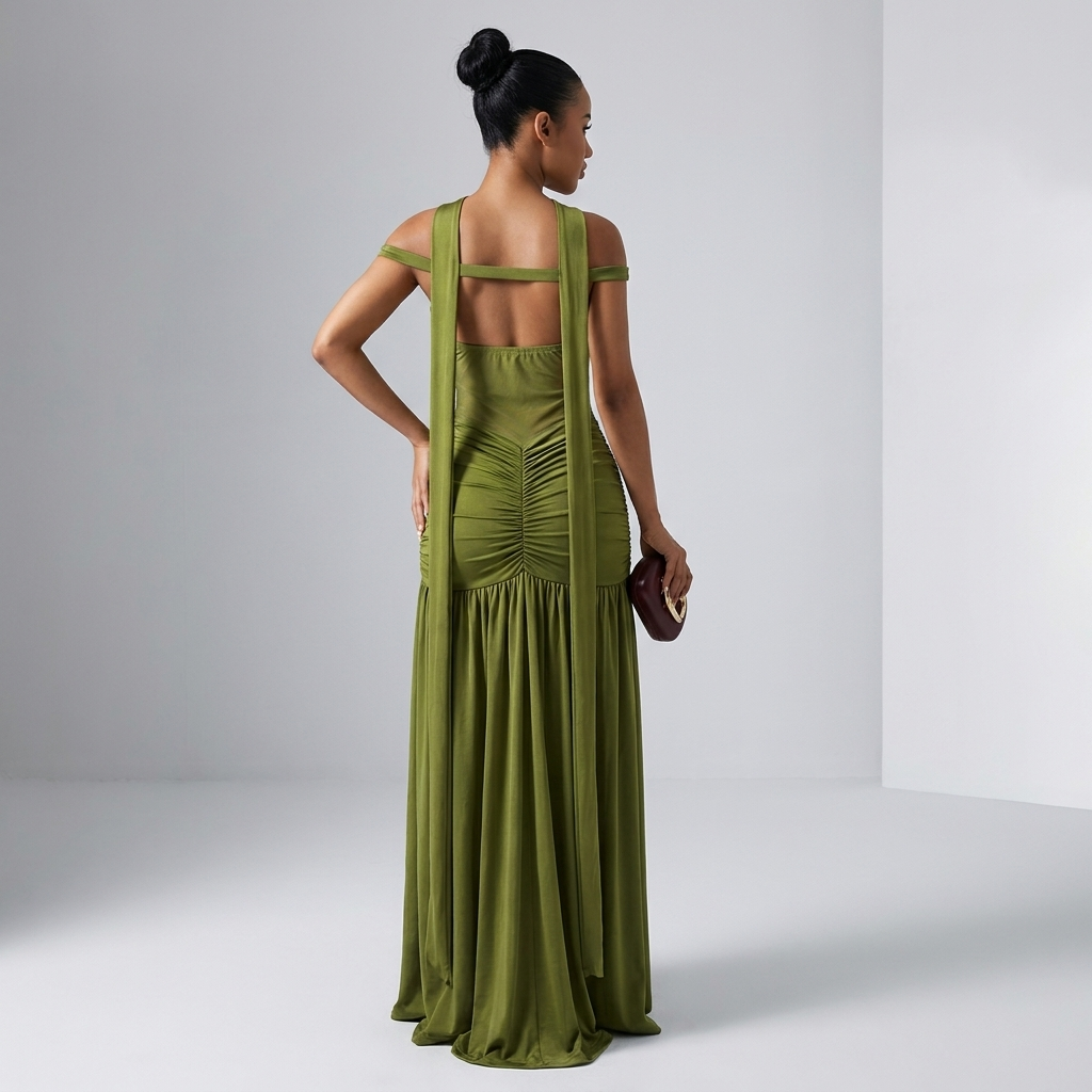 Olive Off-Shoulder Mesh Slit Gown