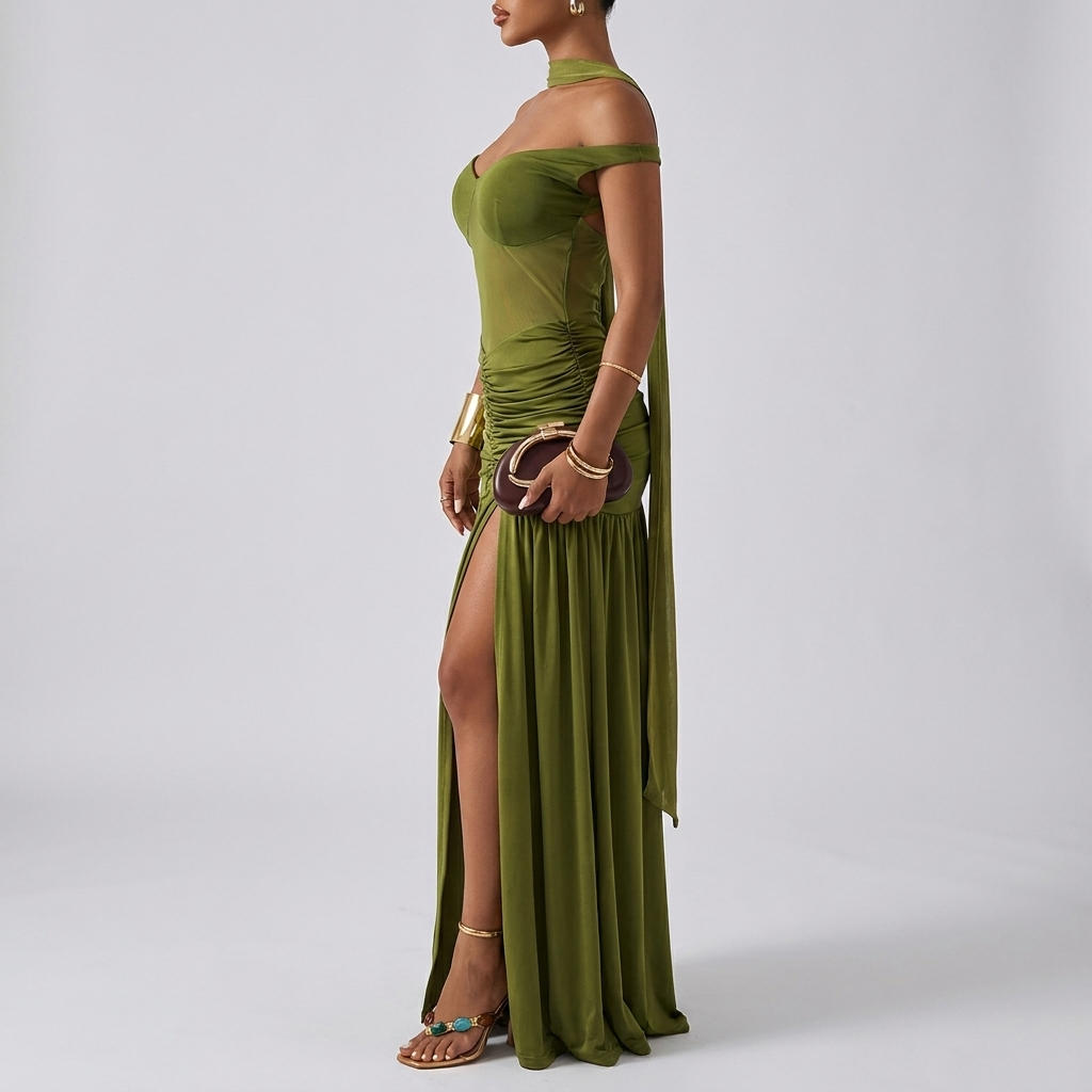 Olive Off-Shoulder Mesh Slit Gown