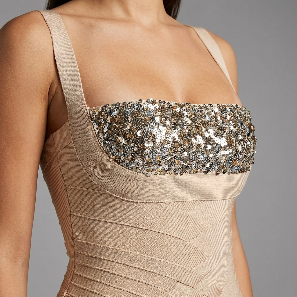 Nude Sequin Bandage Flowy Gown