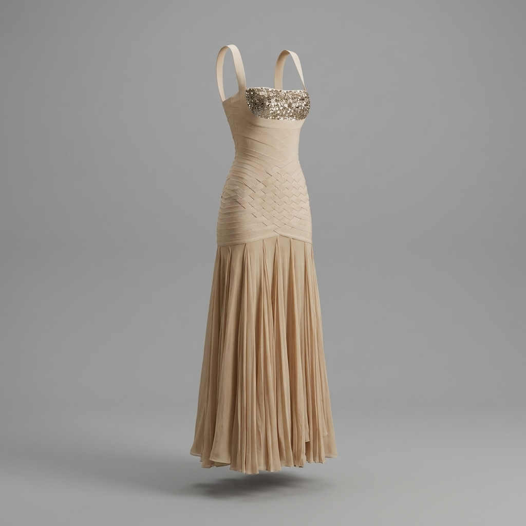 Nude Sequin Bandage Flowy Gown
