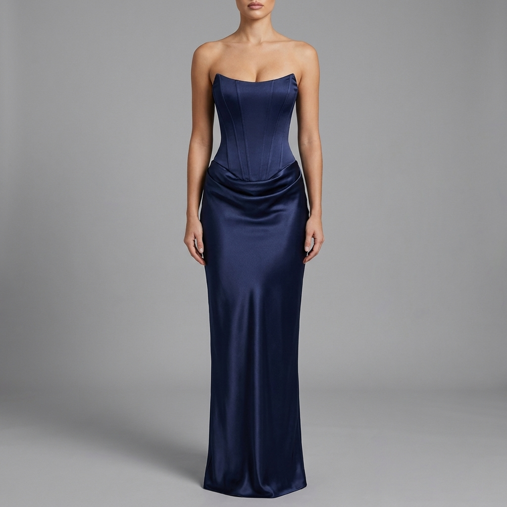 Navy Satin Corset Maxi Dress