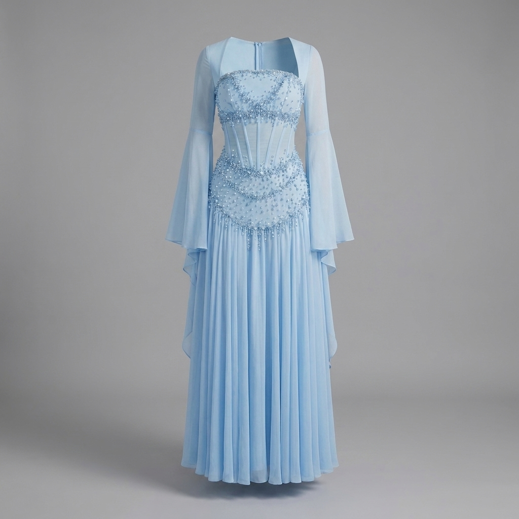 Ice Blue Crystal Bell Sleeve Gown