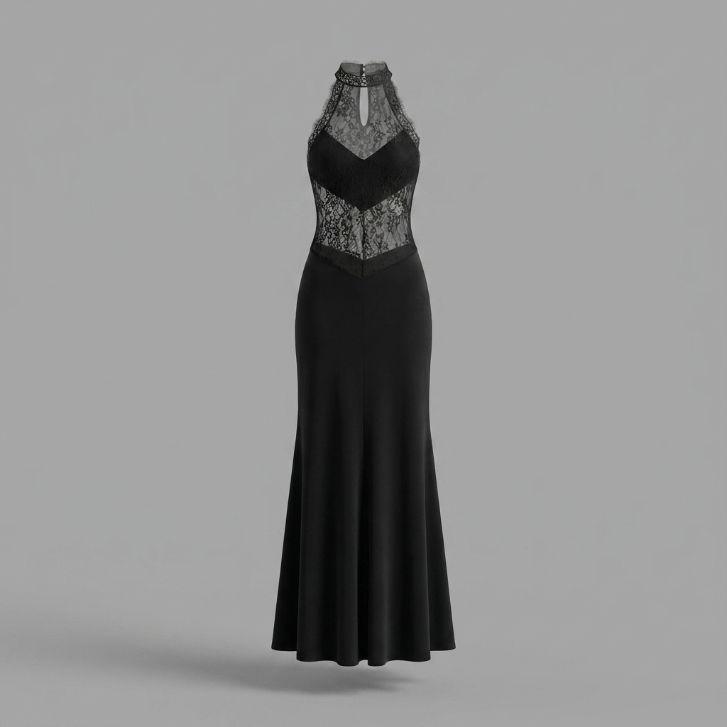 Black Lace Halter Maxi Gown