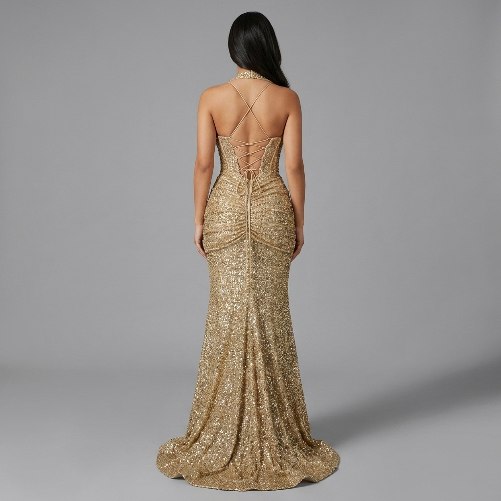 Gold Sequin Halter Mermaid Gown