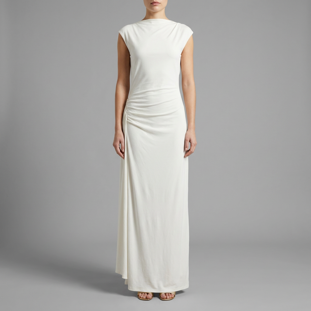 White Draped Side Ruched Maxi Dress