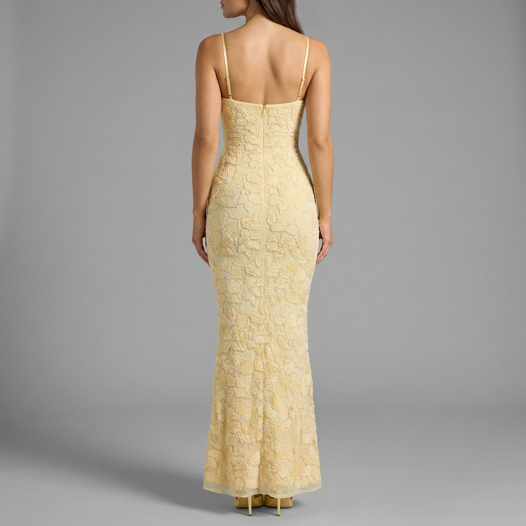 Yellow Floral Embroidered Mermaid Gown