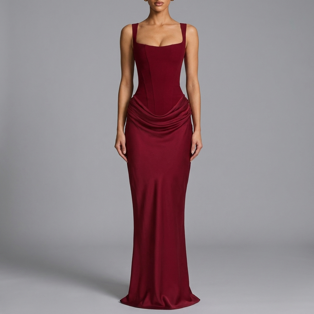 Burgundy Corset Draped Maxi Dress