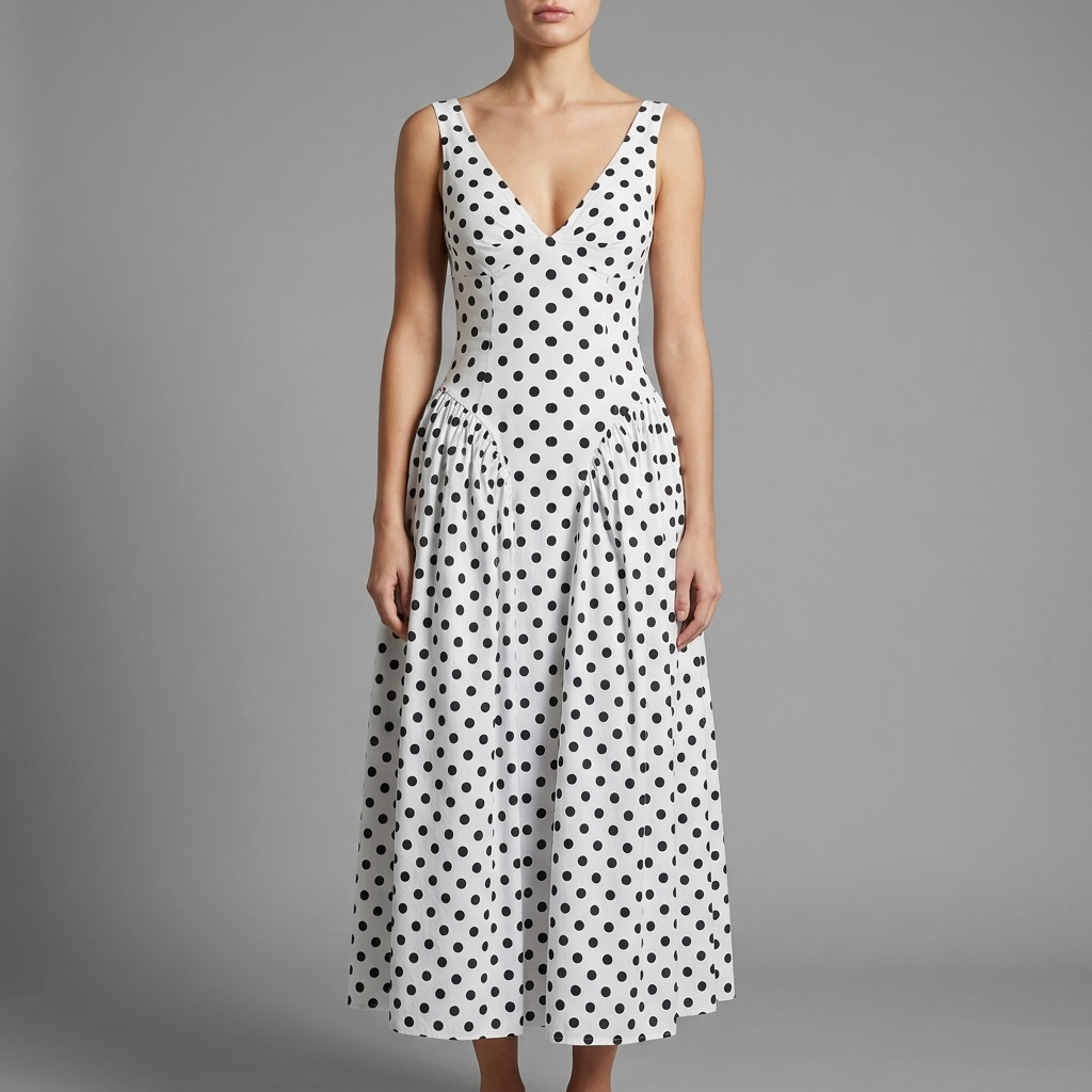 White Polka Dot V-Neck Midi Dress