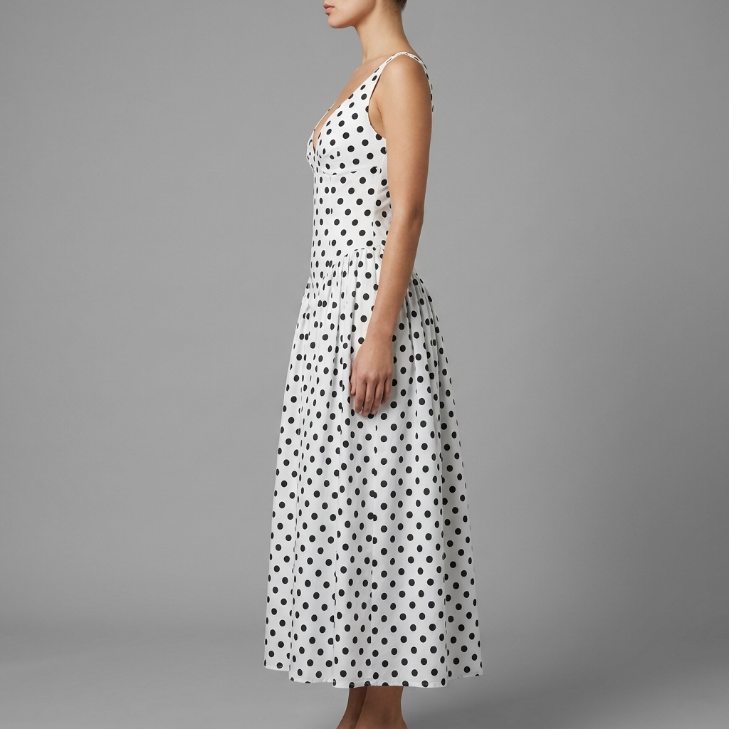 White Polka Dot V-Neck Midi Dress