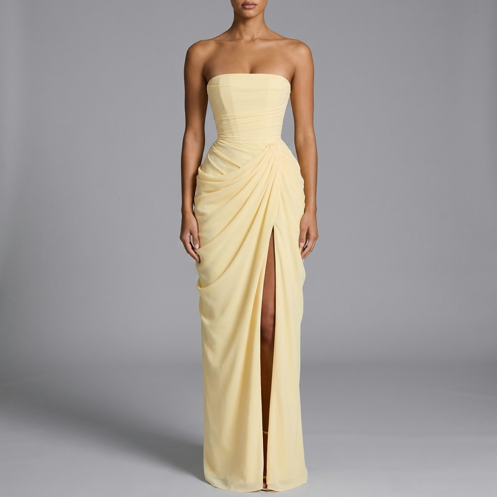 Butter Strapless Draped Slit Gown