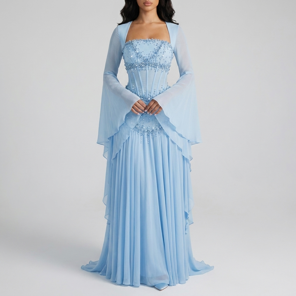 Ice Blue Crystal Bell Sleeve Gown