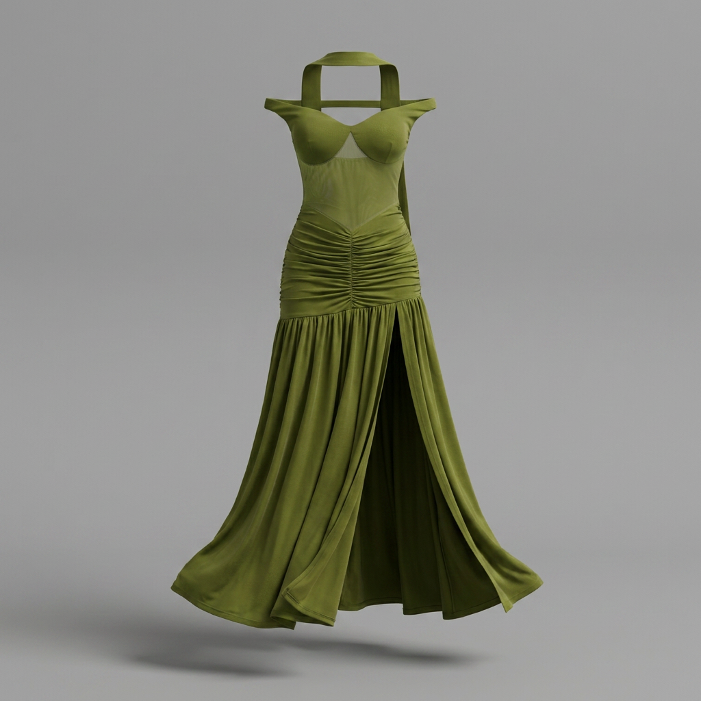 Olive Off-Shoulder Mesh Slit Gown