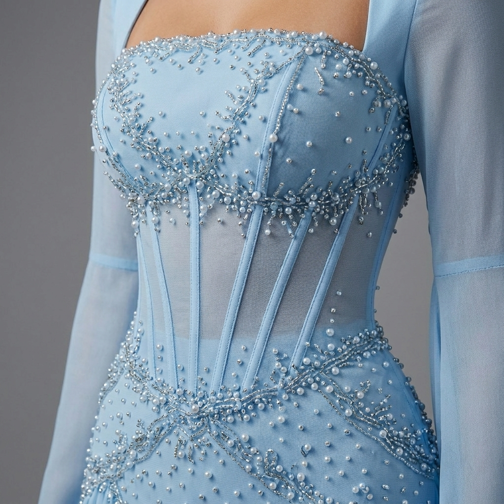 Ice Blue Crystal Bell Sleeve Gown