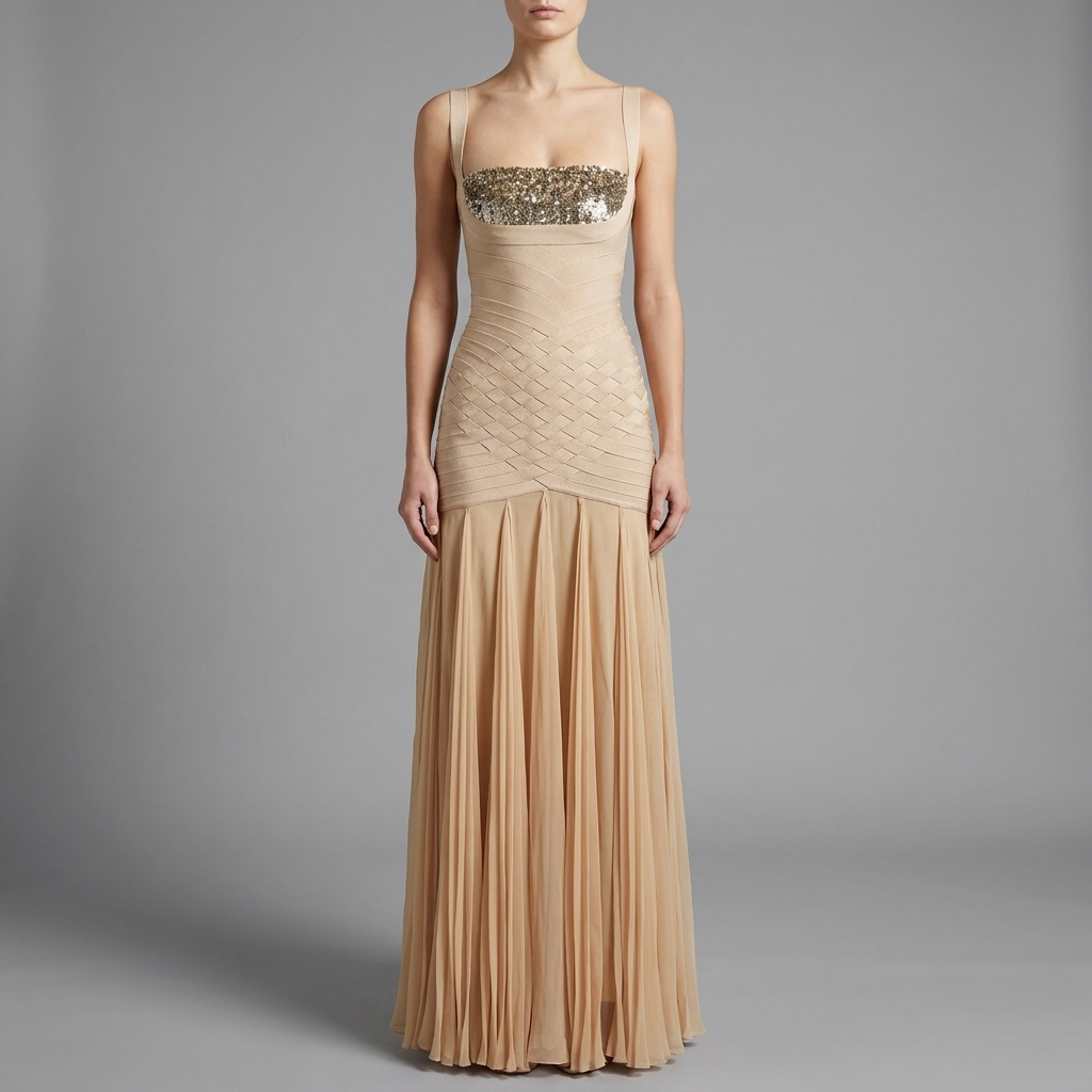 Nude Sequin Bandage Flowy Gown
