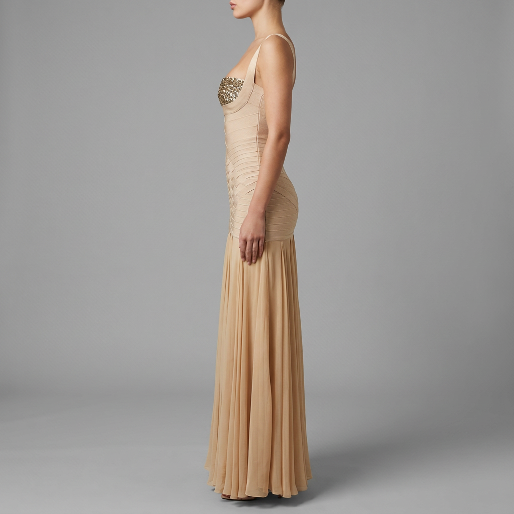 Nude Sequin Bandage Flowy Gown