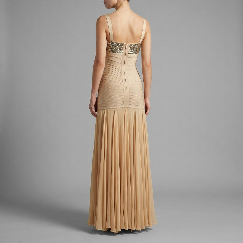 Nude Sequin Bandage Flowy Gown