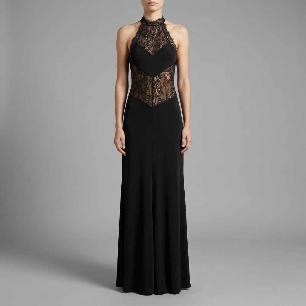 Black Lace Halter Maxi Gown