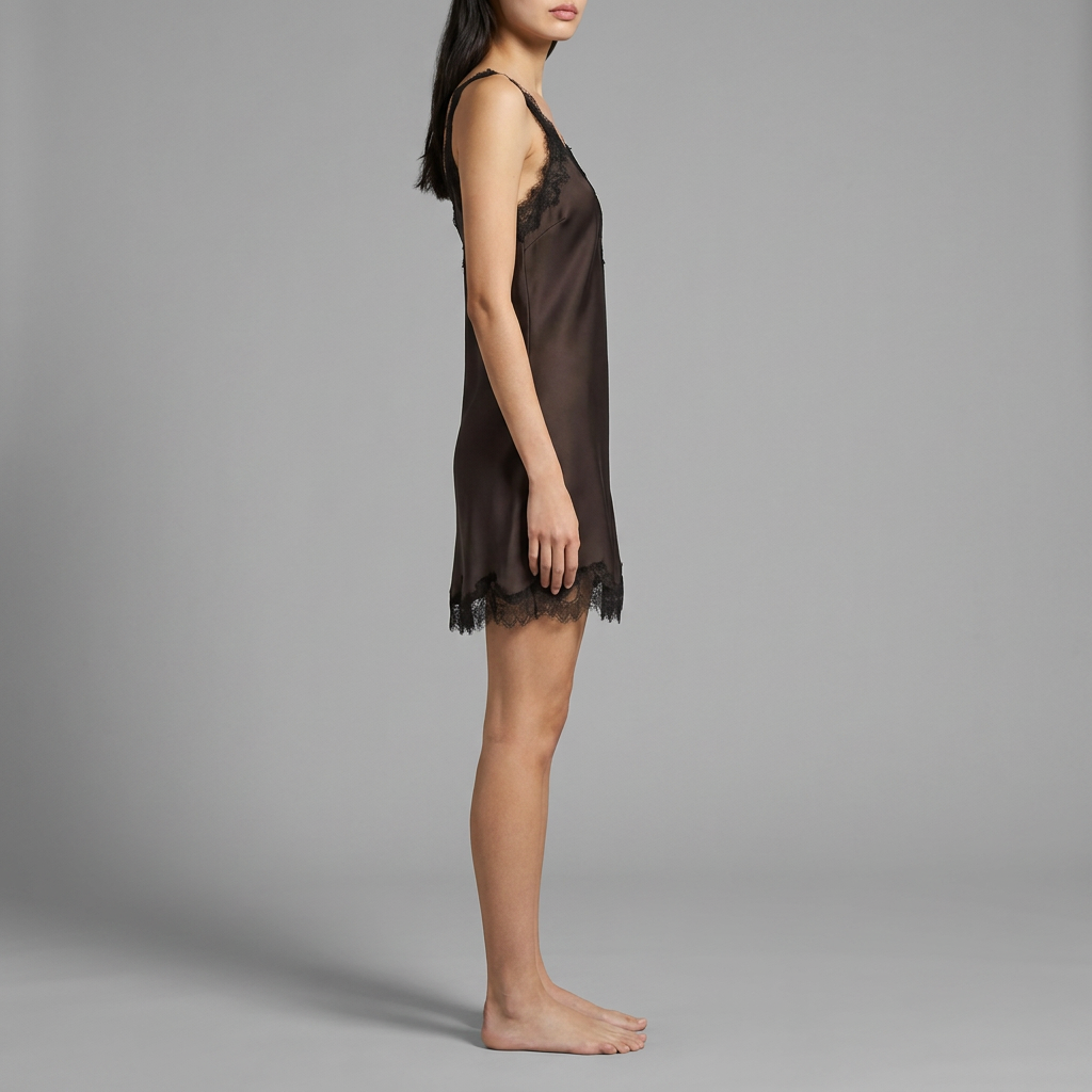 Chocolate Satin Lace Trim Slip Dress