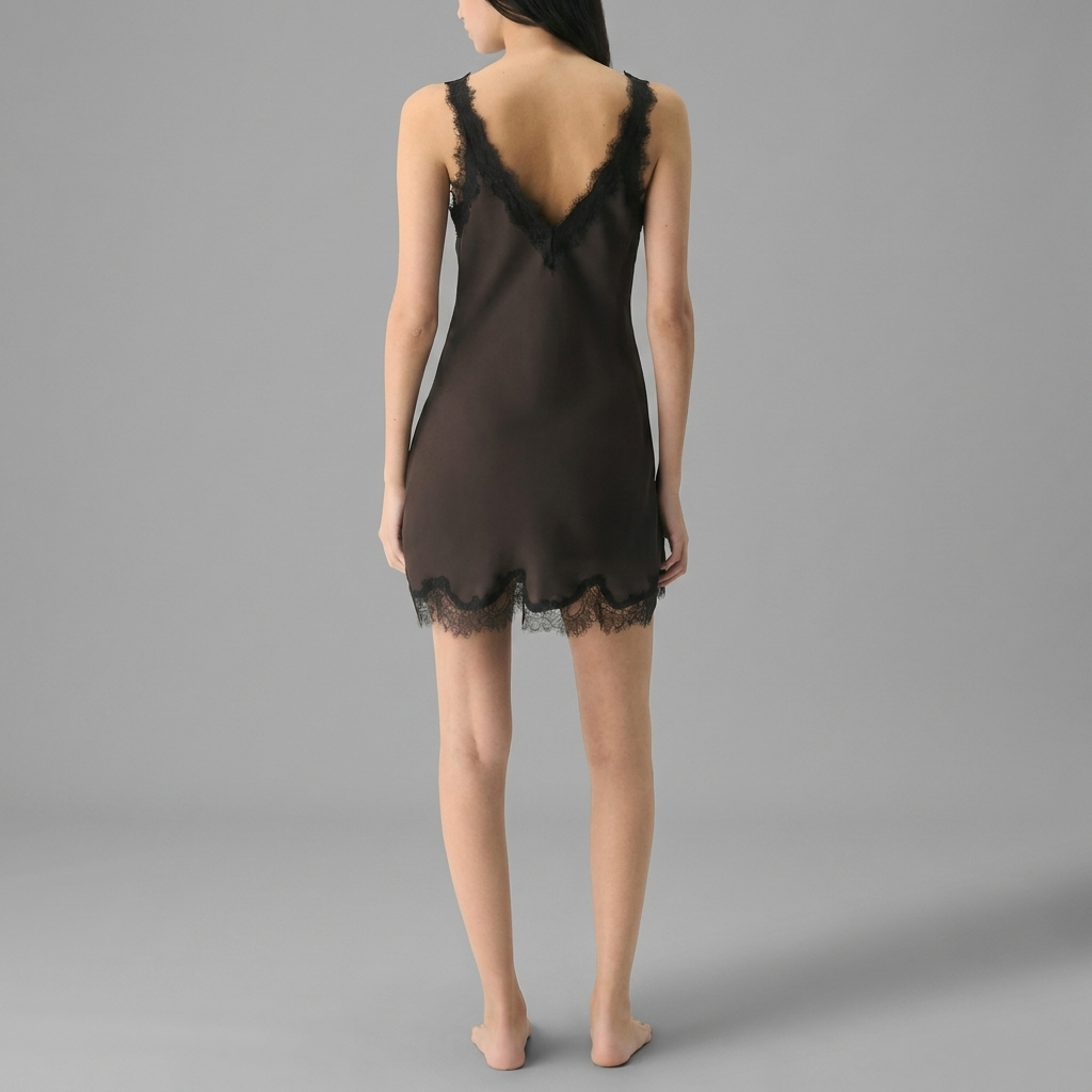 Chocolate Satin Lace Trim Slip Dress