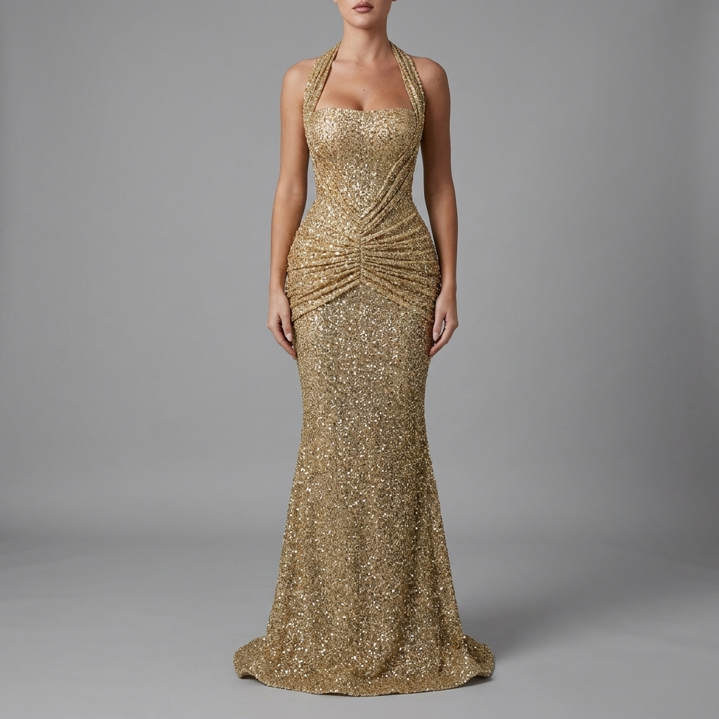 Gold Sequin Halter Mermaid Gown