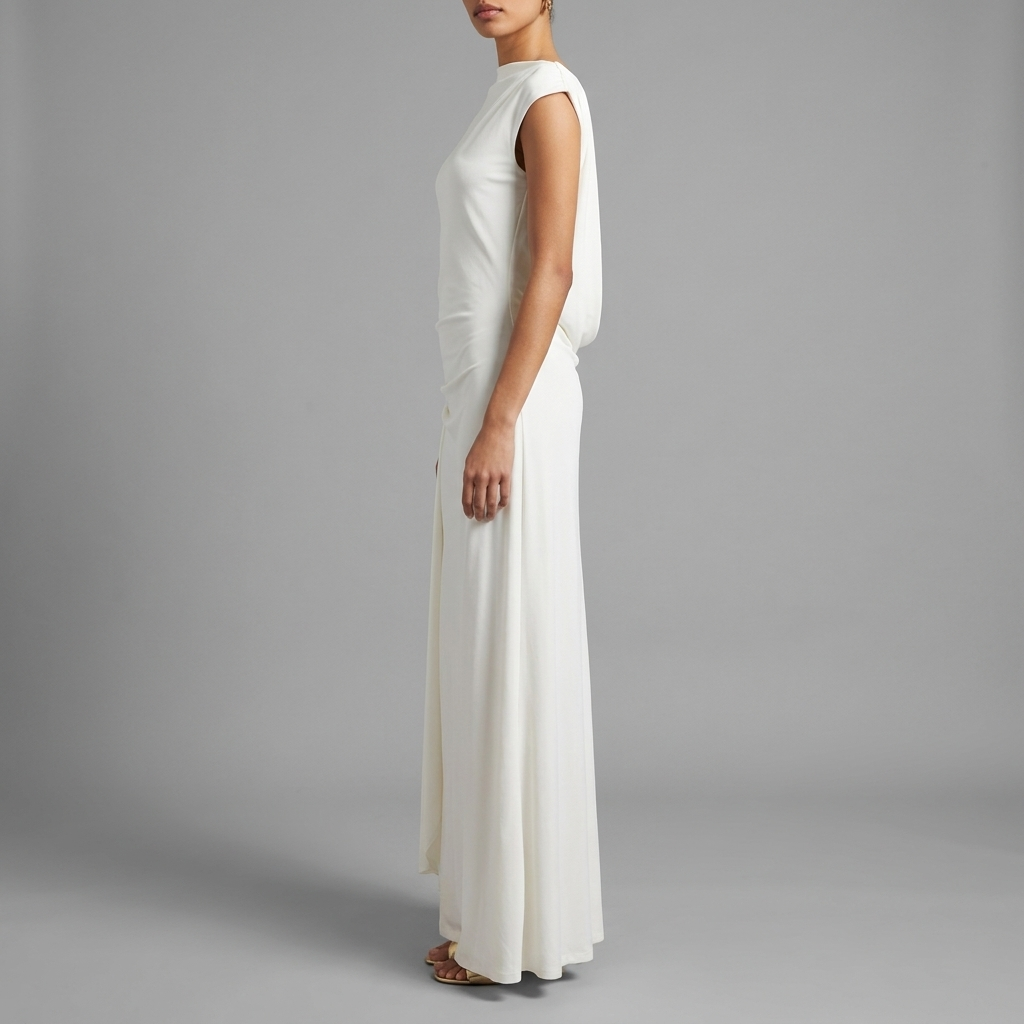 White Draped Side Ruched Maxi Dress