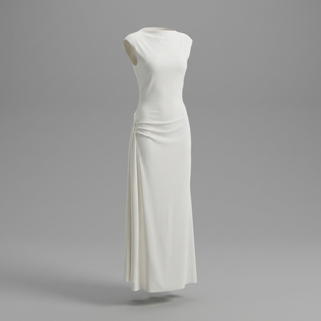 White Draped Side Ruched Maxi Dress