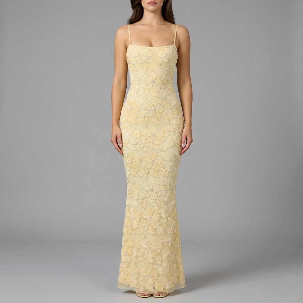 Yellow Floral Embroidered Mermaid Gown