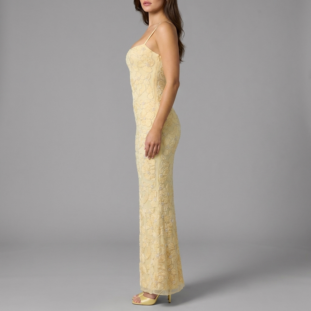 Yellow Floral Embroidered Mermaid Gown