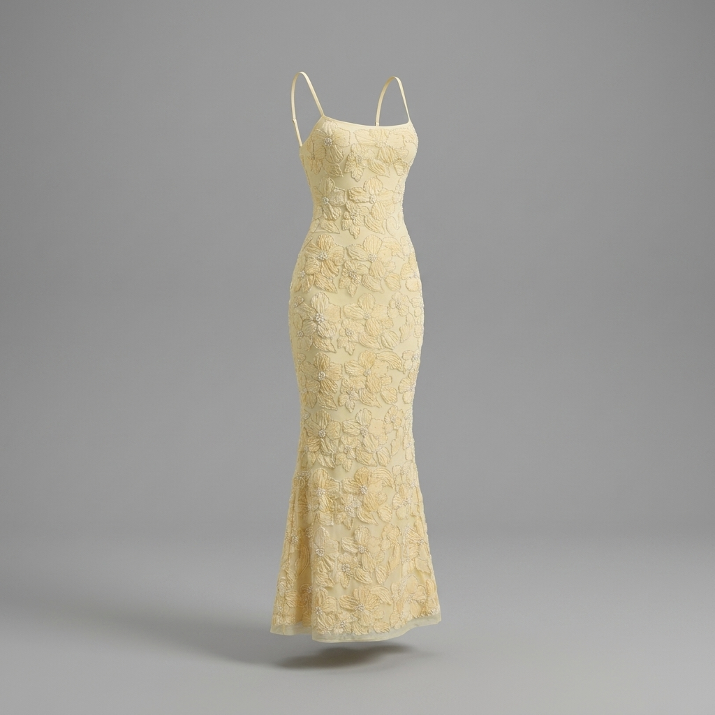 Yellow Floral Embroidered Mermaid Gown