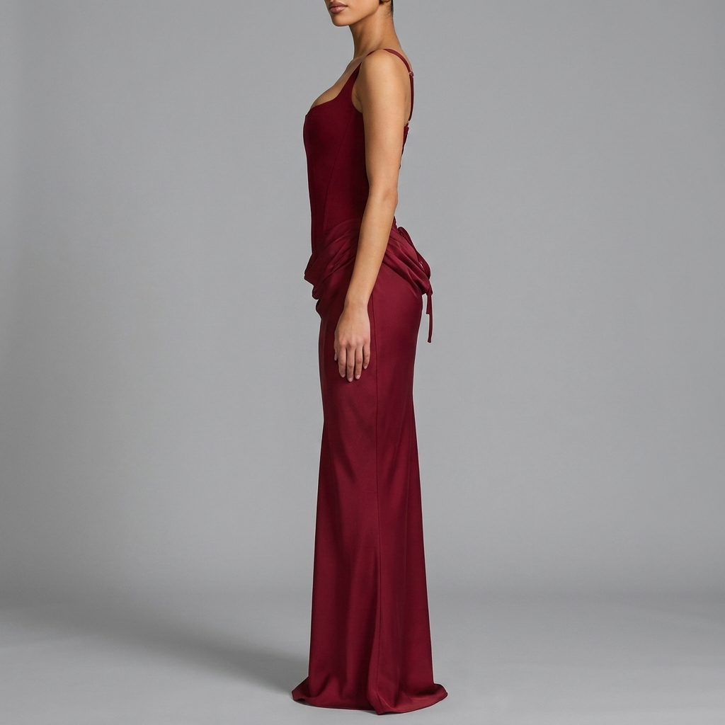 Burgundy Corset Draped Maxi Dress