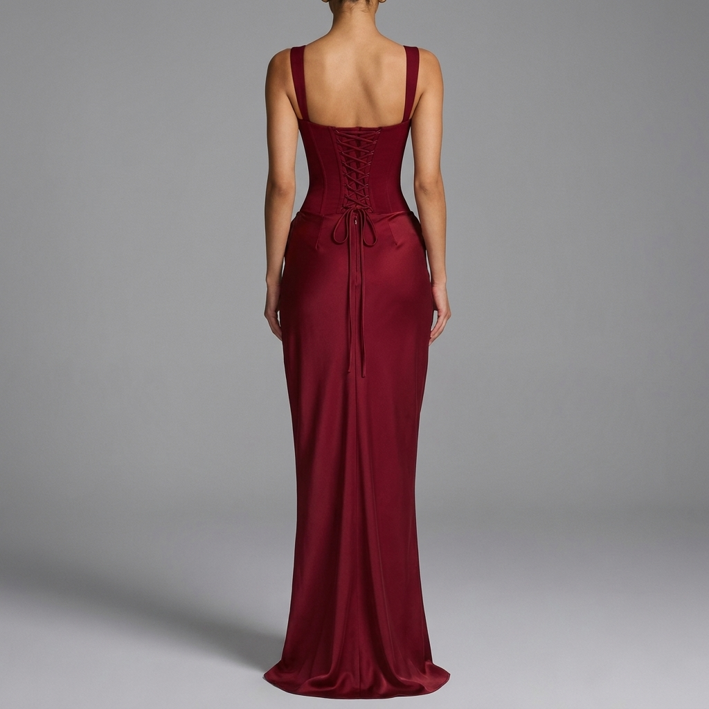 Burgundy Corset Draped Maxi Dress