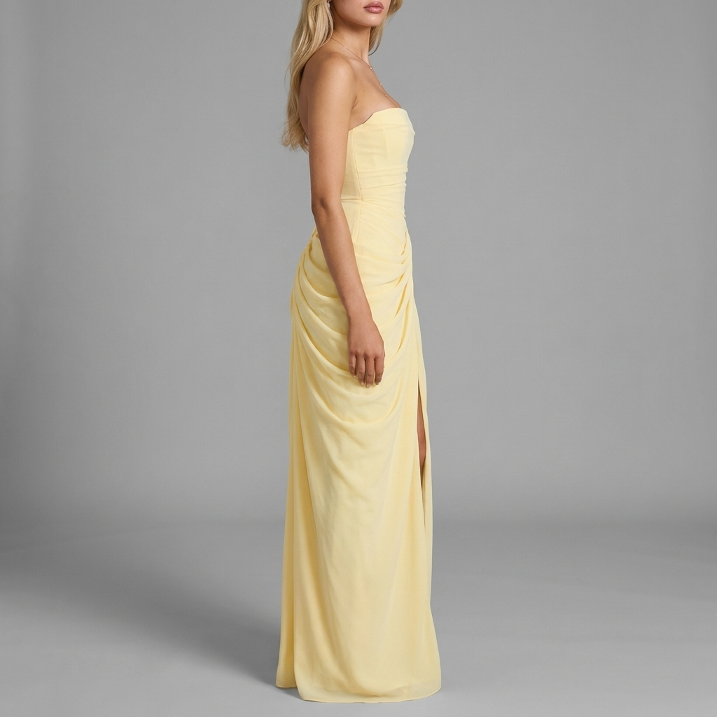 Butter Strapless Draped Slit Gown