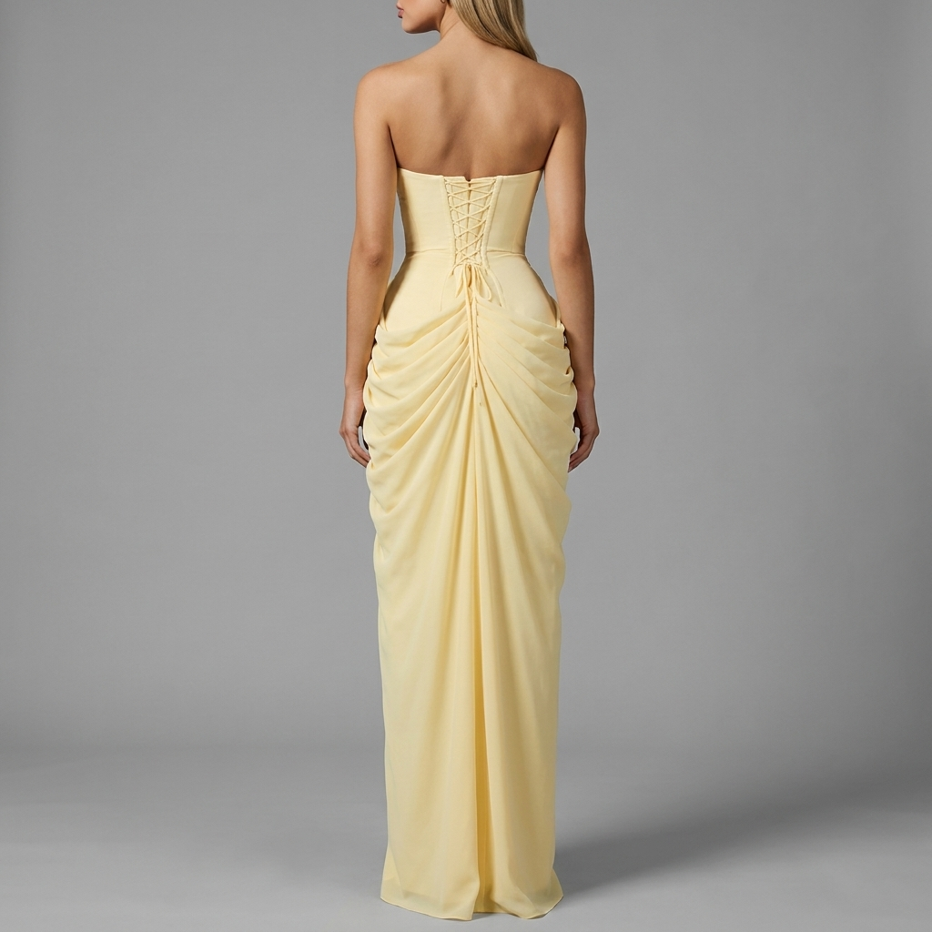 Butter Strapless Draped Slit Gown