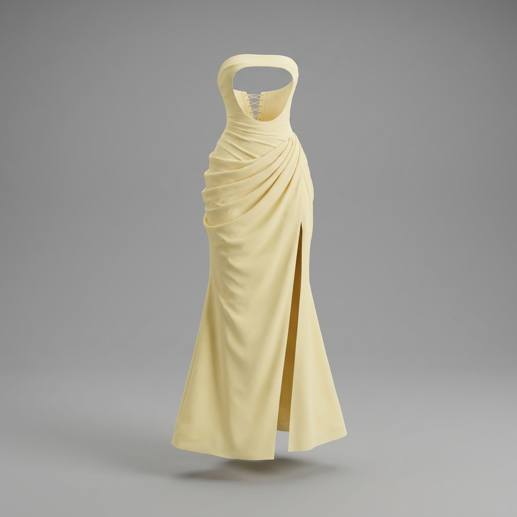 Butter Strapless Draped Slit Gown